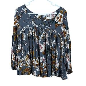 Altar'd‎ State Top XS Gray Floral Boho Bell Sleeve Oversized Babydoll Bohemian
